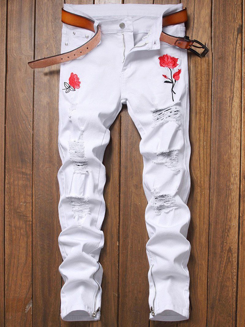 Fashion Flower Embroidery Ripped Denim Pants  