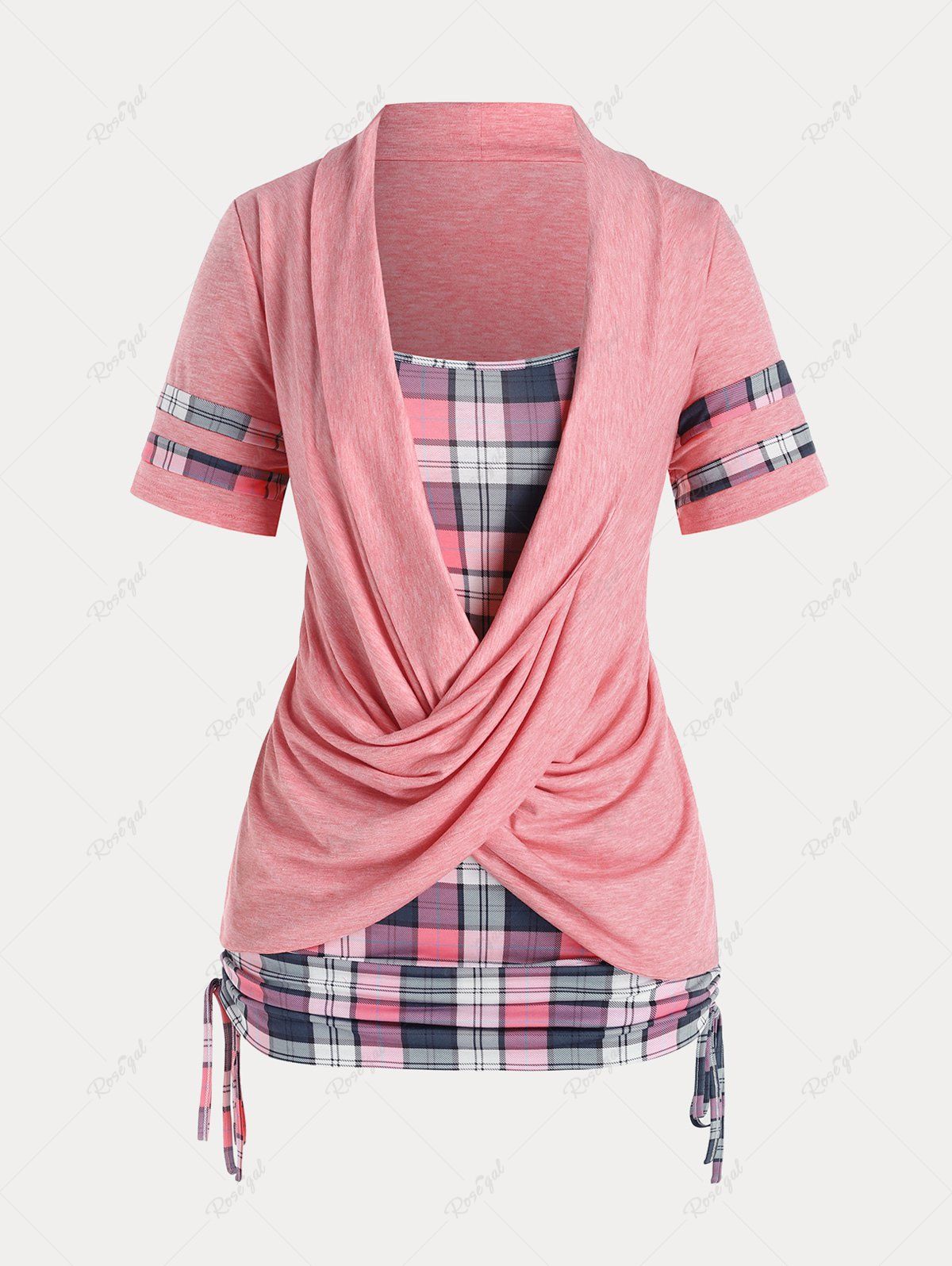 T-shirt Croisé Curve à Carreaux de Grande Taille Fausse Deux Pièces Rose clair 