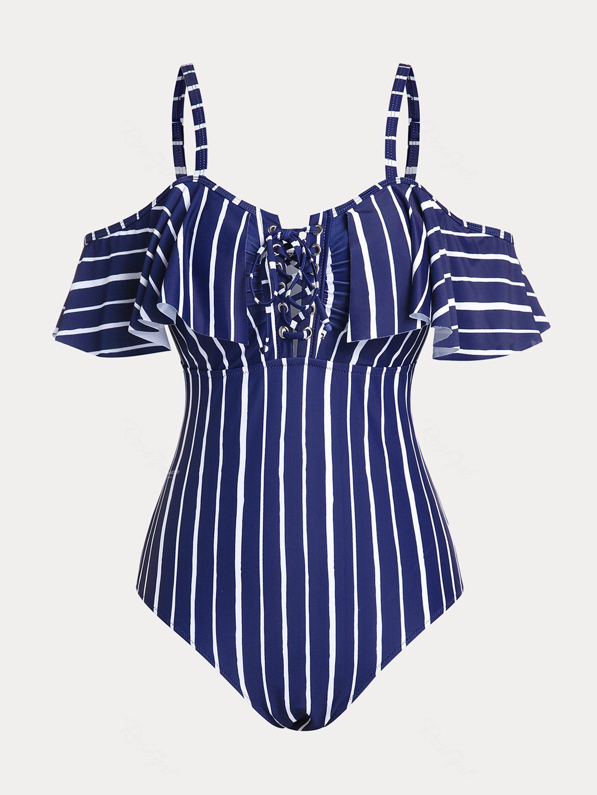Fashion Plus Size Lace-up Flounce Striped One-piece Swimsuit  