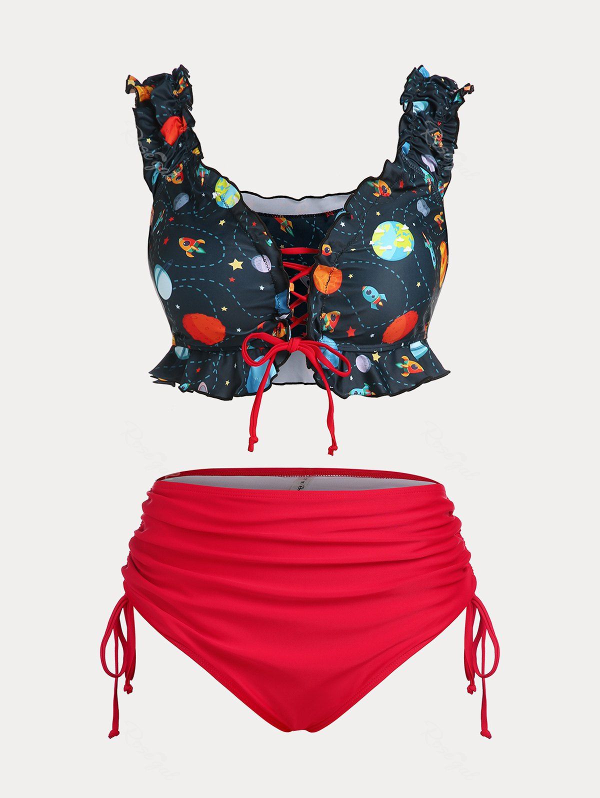 Sale Lace Up Cinched Funny Planet Off Shoulder Plus Size & Curve Two Piece Swimsuit  