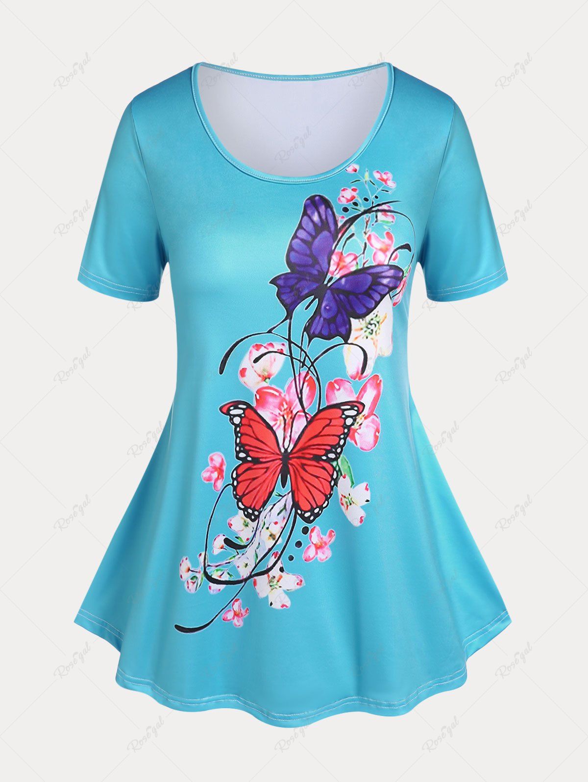 Cheap Plus Size & Curve Flower Butterfly Print Flared Tee  