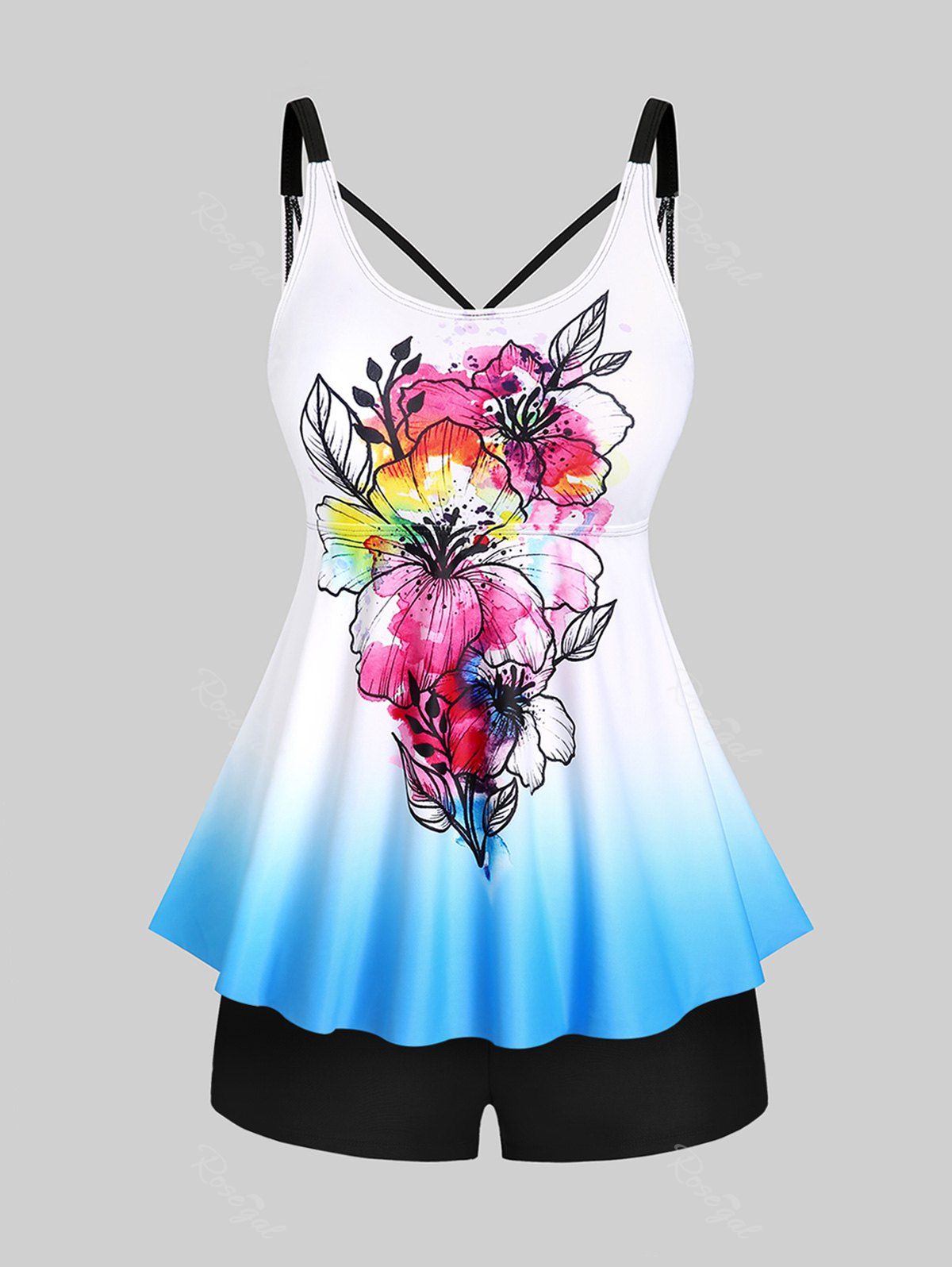 Hot Plus Size & Curve Floral Print Ombre Modest High Waist Tankini Swimsuit  