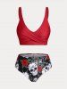 Maillot de Bain Bikini Croisé à Imprimé Rose et Crâne de Grande Taille Trois Pièces - Multi 4X