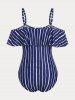 Plus Size Lace-up Flounce Striped One-piece Swimsuit -  