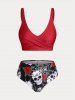 Plus Size & Curve Skull Rose Print Crossover Three Piece Bikini Swimsuit -  