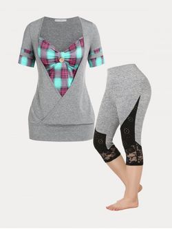 2 in 1 Plaid Colorblock Tee and Cropped Leggings Plus Size Summer Outfit - LIGHT GRAY