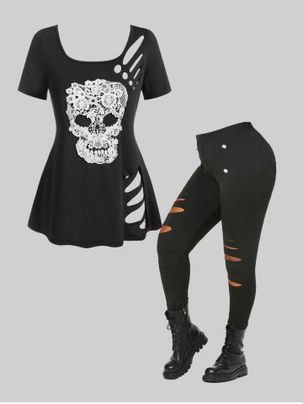 Skull Lace Cutout Top and Ripped Pants Gothic Plus Size Summer Outift