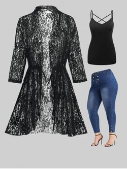 Drawstring Lace Cardigan and Criss Cross Cami Top and Jeans Plus Size Outfit - BLACK