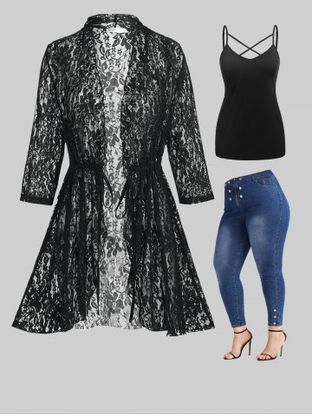 Drawstring Lace Cardigan and Criss Cross Cami Top and Jeans Plus Size Outfit