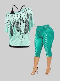 Skew Neck Feather Print Tee and Camisole Set & Curve 3D Leggings Plus Size Summer Outfit - GREEN