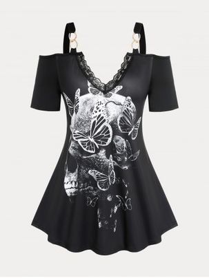 Plus Size & Curve Butterfly Skull Print Cold Shoulder Gothic Tee
