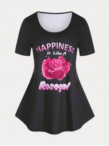 T-shirt Courbe à Imprimé Rose et Lettre Grande Taille - BLACK - 4X | US 26-28