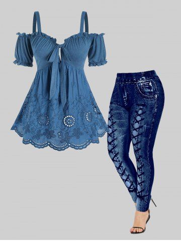 Cold Shoulder Embroidery Scalloped Top and Curve 3D Leggings Plus Size Summer Outfit - BLUE