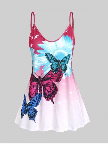 Plus Size & Curve Butterfly Floral Print Ombre Color Tank Top (Adjustable Straps) - DEEP RED - 5XL