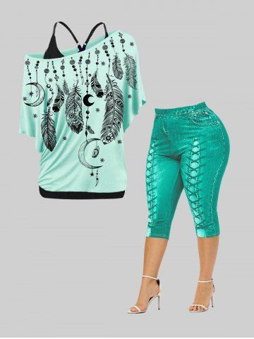Skew Neck Feather Print Tee and Camisole Set & Curve 3D Leggings Plus Size Summer Outfit