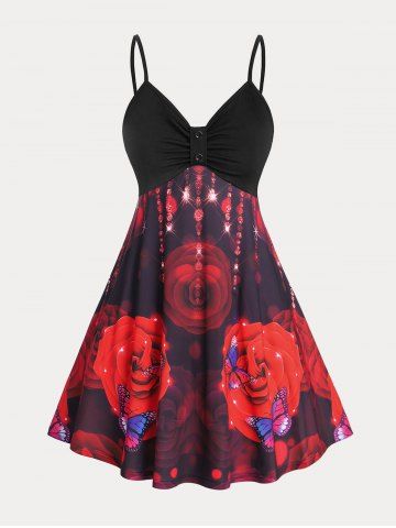 Plus Size & Curve Rose Butterfly Print Knee Length Cami Dress - RED - 1X | US 14-16