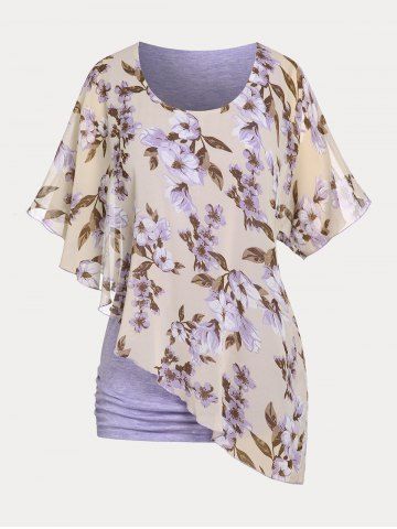 T-shirt Asymétrique Superposé en Blocs de Couleurs Grande Taille - LIGHT PURPLE - 4X | US 26-28