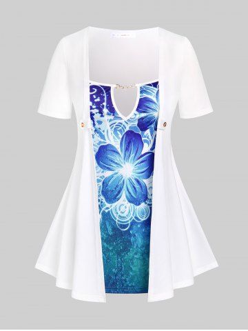 Camiseta Talla Extra 2 en 1 Estampado Floral y Curvo - WHITE - L | US 12
