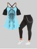 Gothic Skull Print Cold Shoulder Tee and Curve High Rise Chains Pants Plus Size Summer Outfit -  
