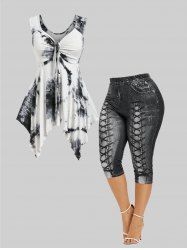 Handkerchief Tie Dye Tank Top and 3D Print Cropped Leggings Plus Size Summer Outfit -  