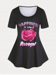 T-shirt Courbe à Imprimé Rose et Lettre Grande Taille - Noir M | US 10