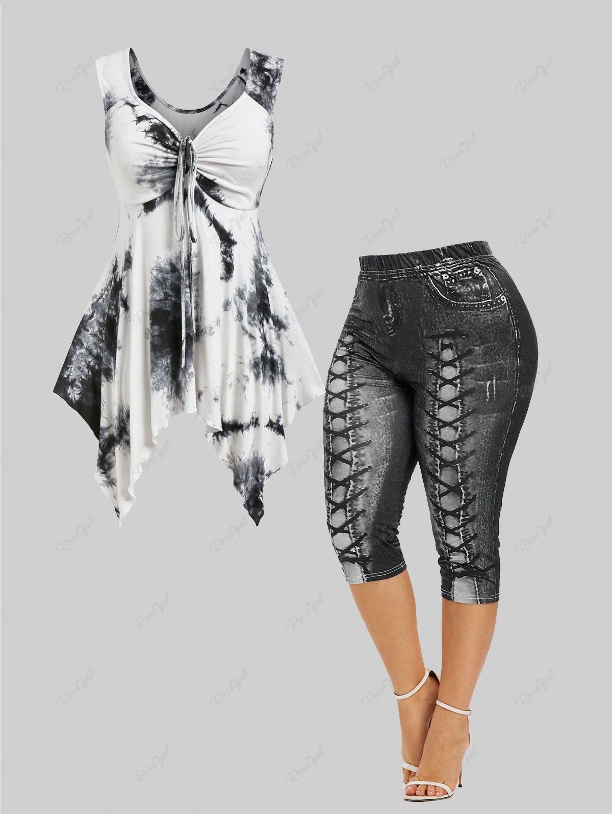 Buy Handkerchief Tie Dye Tank Top and 3D Print Cropped Leggings Plus Size Summer Outfit  