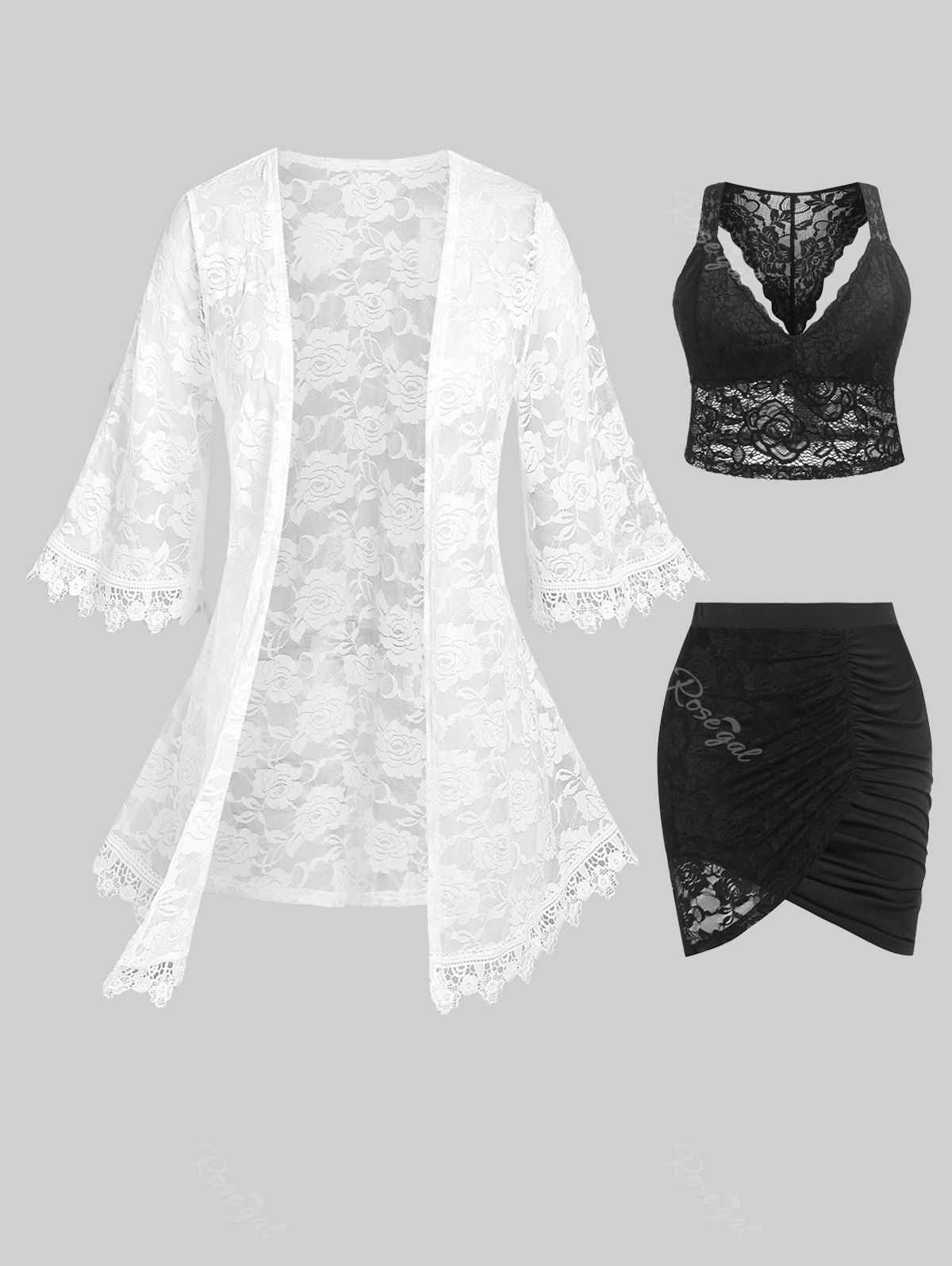 Trendy Monochrome Lace Sheer Tunic Cardigan and Tulip Mini Skirt Plus Size Summer Outfit  