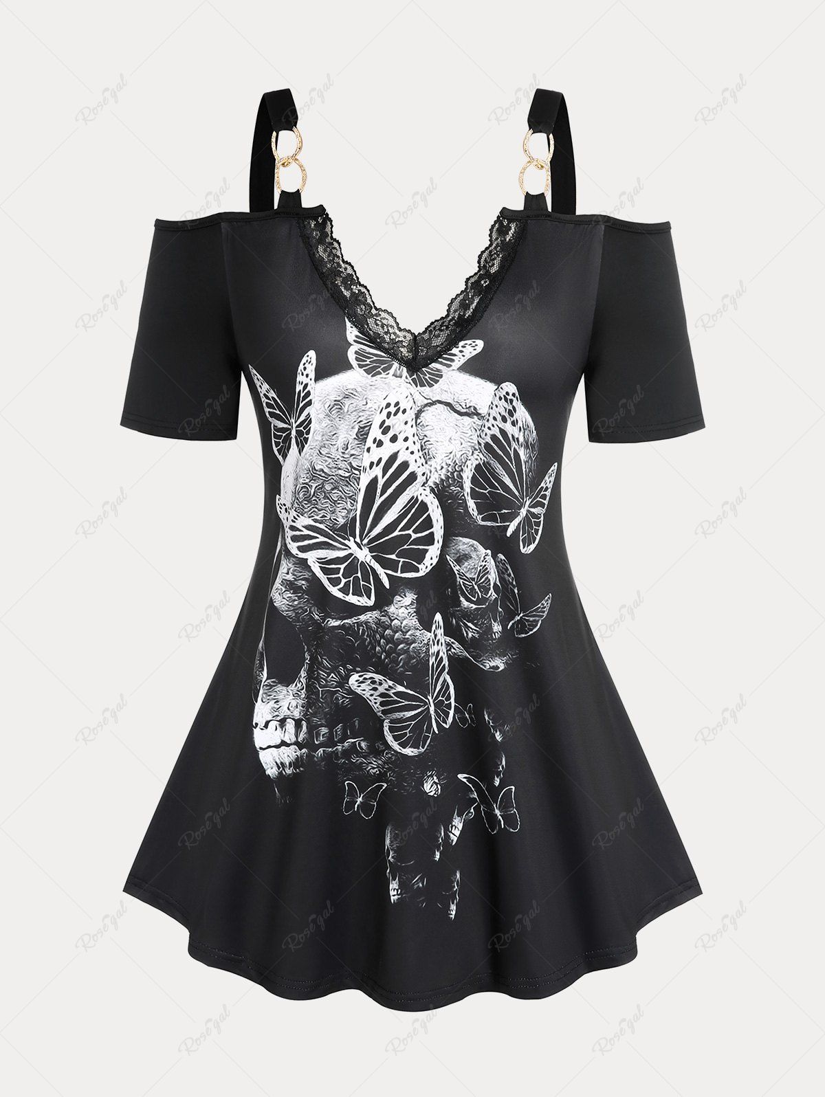 T-shirt Gothique à Imprimé Papillon et Crâne à Épaules Nues Grande Taille Noir M | US 10