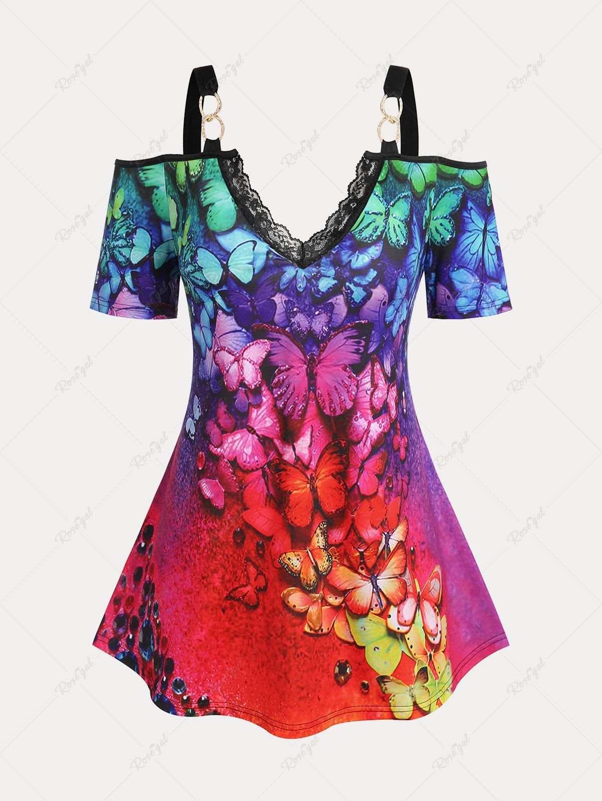 New Plus Size & Curve Butterfly Print Cold Shoulder Tee  