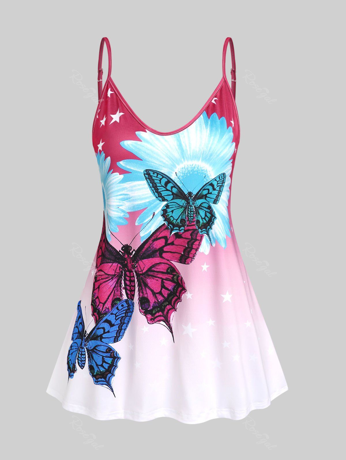 Discount Plus Size & Curve Butterfly Floral Print Ombre Color Tank Top (Adjustable Straps)  