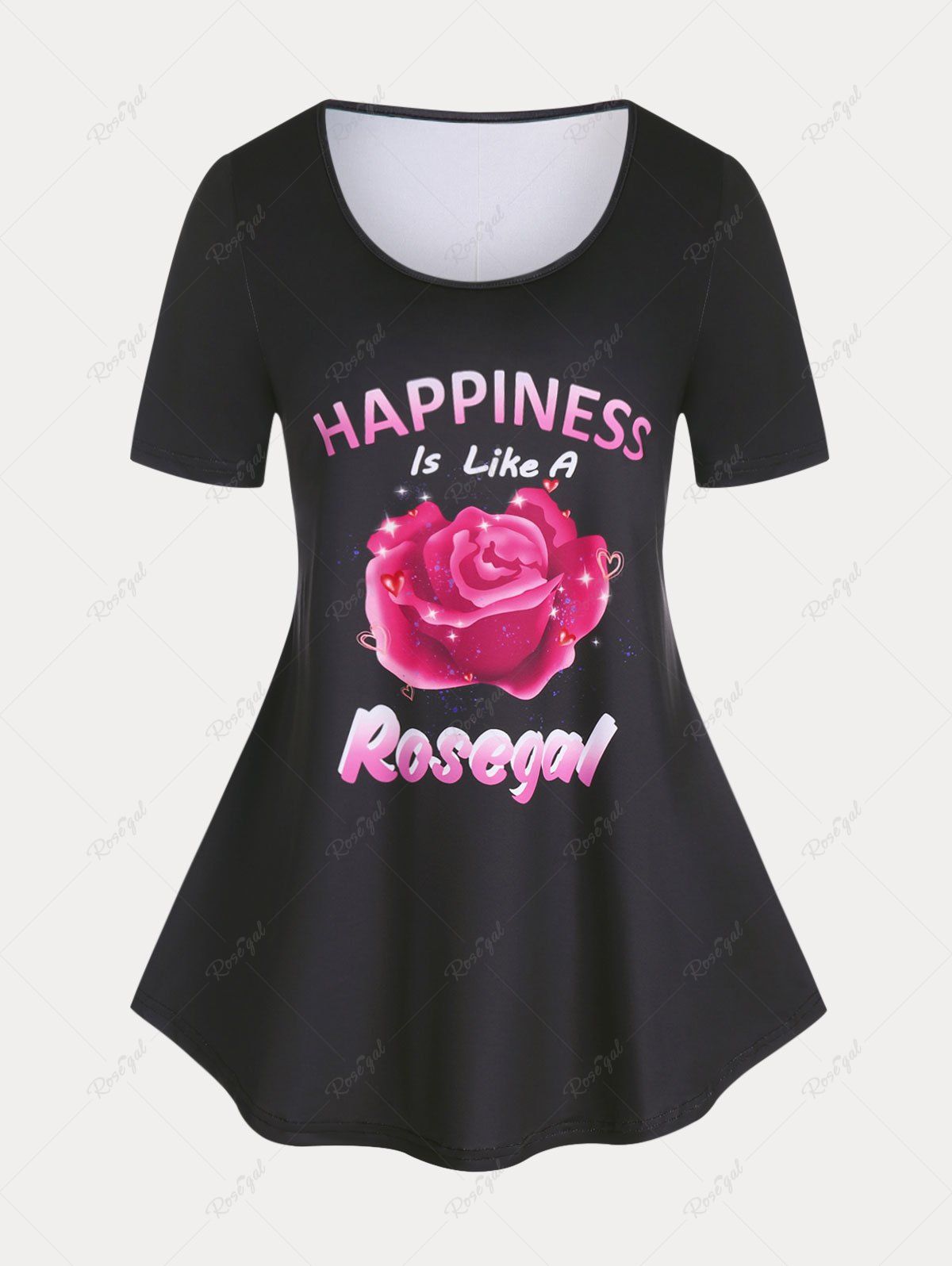 T-shirt Courbe à Imprimé Rose et Lettre Grande Taille Noir 4X | US 26-28