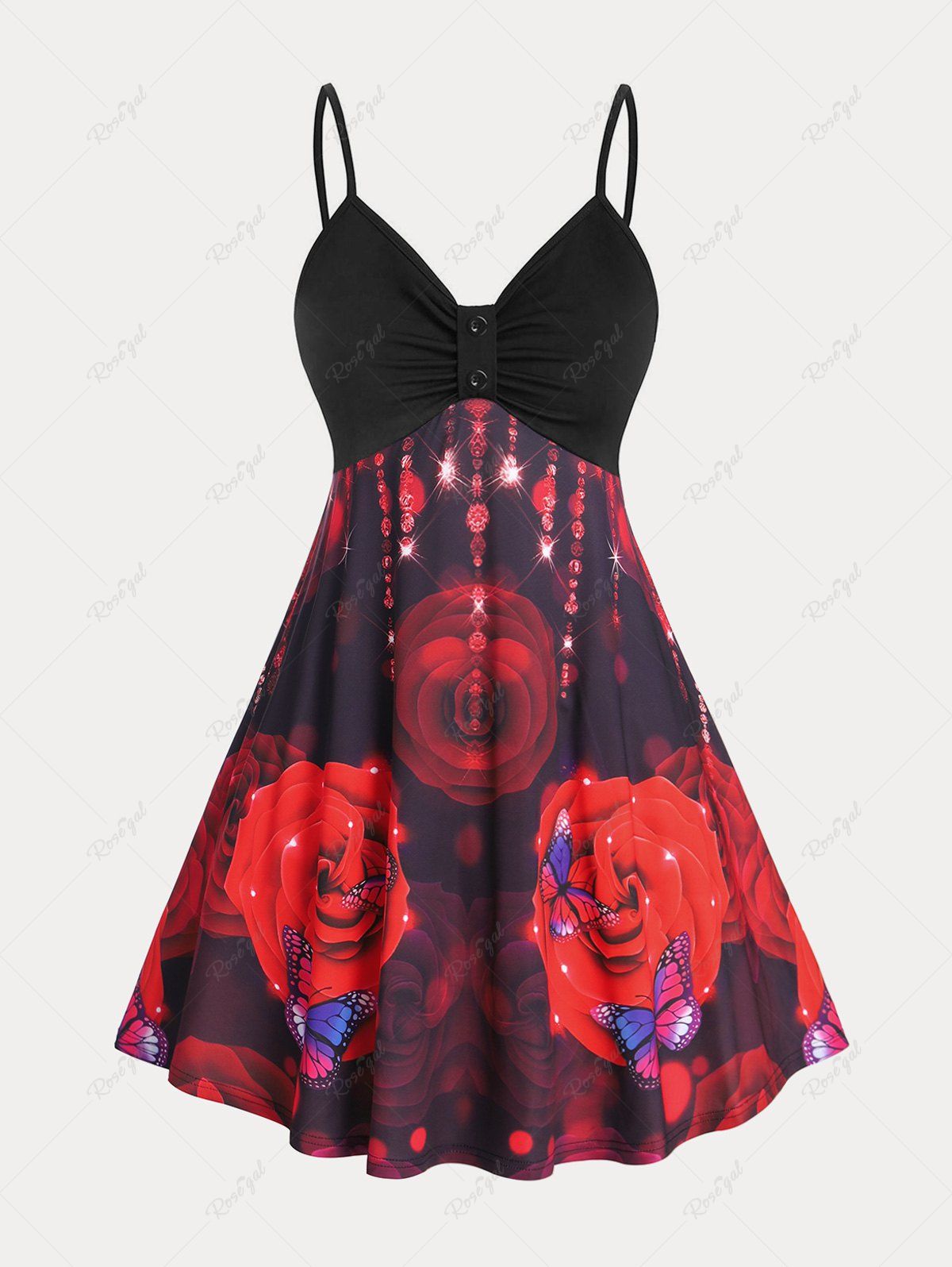 Robe D'été en Camisole Imprimée de Rose et de Papillon Rouge S | US 8