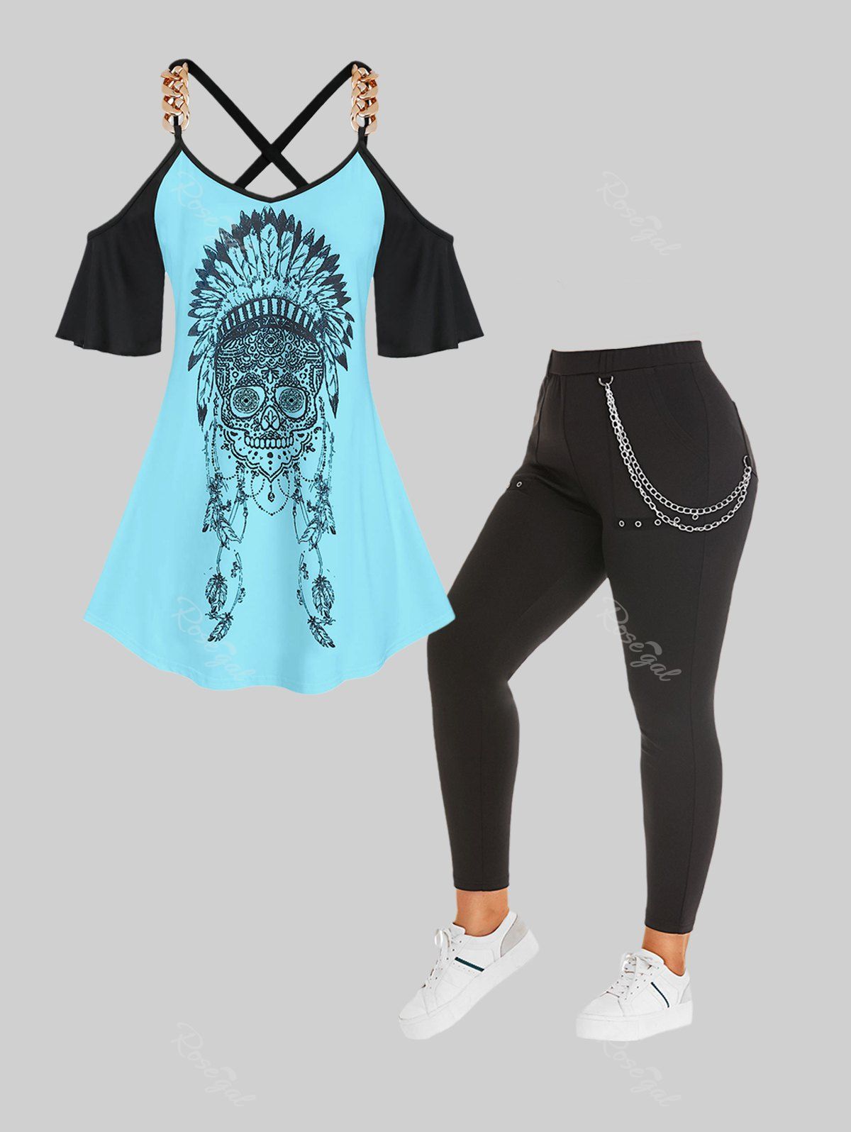 Outfits Gothic Skull Print Cold Shoulder Tee and Curve High Rise Chains Pants Plus Size Summer Outfit  