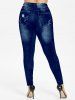 Ensemble d'Eté de Haut Festonné Brodé à Epaules Dénudées et Legging 3D Curve Grande Taille - Bleu 