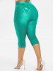 Ensemble d'été Avec T-shirt à Imprimé Plume à Col Rond et Legging Courbe Grande Taille - Vert 