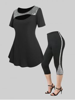 Cutout Colorblock Sequins Tee and Pull On Pants Plus Size Summer Outfit - BLACK