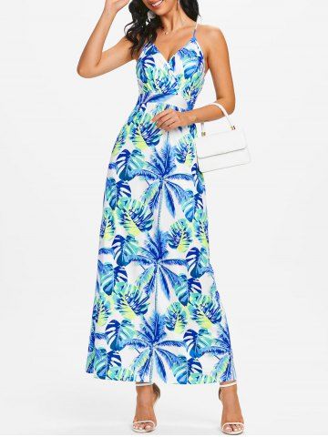 Criss Cross Floral Palm Print Surplice Dress - BLUE - L