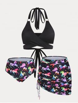 Plus Size & Curve Halter Horse Print Crossover Three Piece Bikini Swimsuit - BLACK - 3X