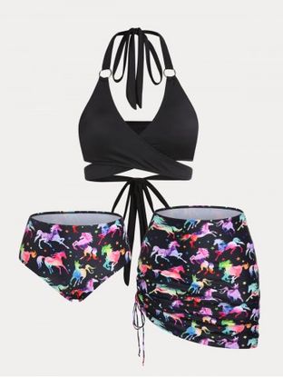 Plus Size & Curve Halter Horse Print Crossover Three Piece Bikini Swimsuit