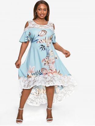 Plus Size Floral Cold Shoulder Lace High Low Midi Dress