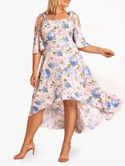 Plus Size & Curve Cottagecore Floral Print Cold Shoulder High Low Midi Dress - LIGHT PINK - 1X