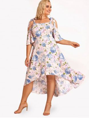 Plus Size & Curve Cottagecore Floral Print Cold Shoulder High Low Midi Dress