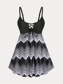 Plus Size & Curve Polka Dot Lace Up High Waist Modest Tankini Swimsuit - BLACK - L