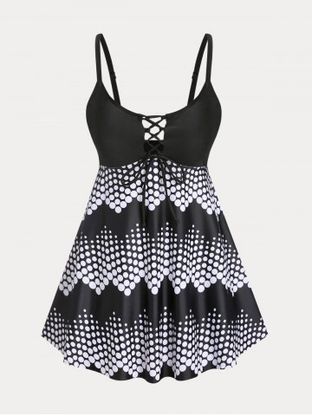Plus Size & Curve Polka Dot Lace Up High Waist Modest Tankini Swimsuit