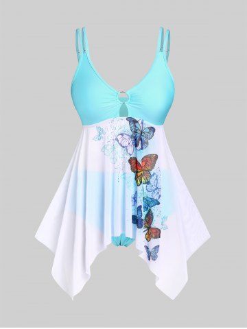 Plus Size & Curve Handkerchief Butterfly Print Sheer Mesh Tankini Swimsuit - MULTI - 1X