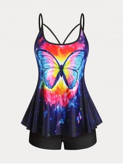 Plus Size & Curve Butterfly Galaxy Print High Waist Boyleg Tankini Swimsuit - BLACK - 3X