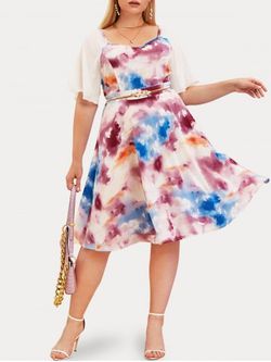 Plus Size & Curve Flutter Sleeve Tie Dye Chiffon Dress - MULTI - 3X