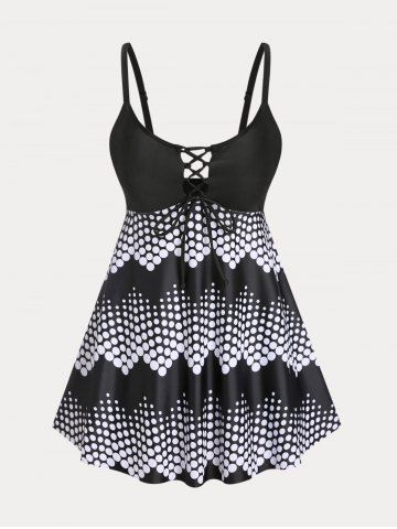 Plus Size & Curve Polka Dot Lace Up High Waist Modest Tankini Swimsuit - BLACK - 1X