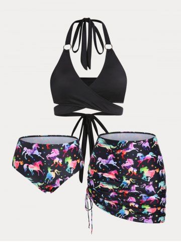 Plus Size & Curve Halter Horse Print Crossover Three Piece Bikini Swimsuit - BLACK - 5X