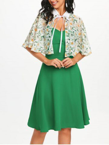 Cami Dress and Daisy Print Cape Set - GREEN - S